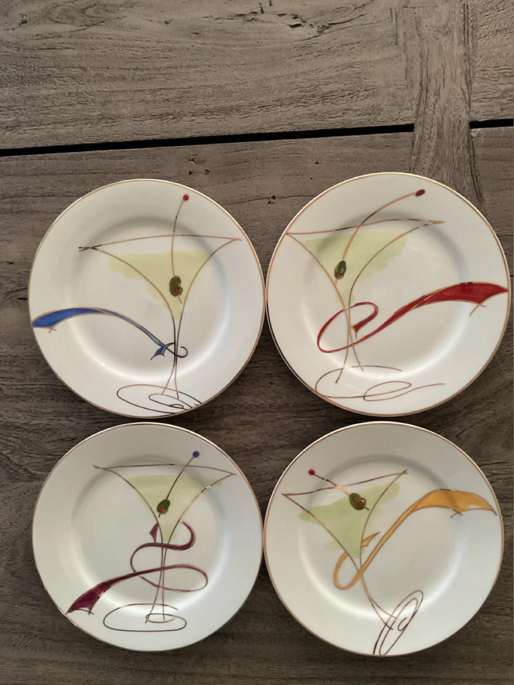 Pier 1 Vintage 1990 Martini Theme Appetizer/Canape Porcelain Plates Set of 4
